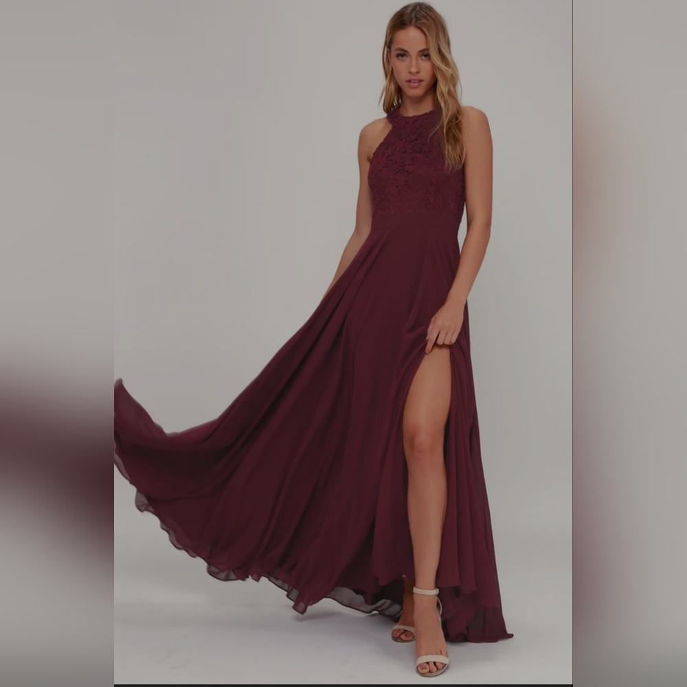 Lulus | Picture Perfect Burgundy Lace Maxi Dress Halter Neck Chiffon Skirt Side